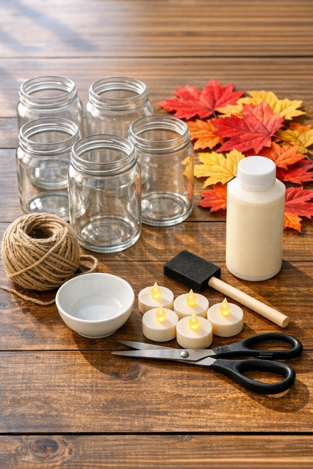 Materials for five fall jar luminaries laid out on a table
