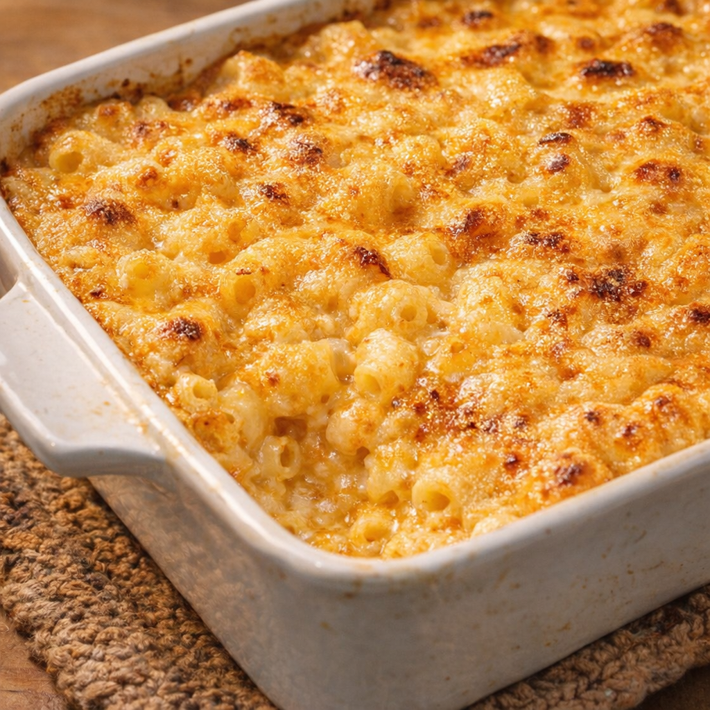 Broiled macaroni with browned top in a baking dish