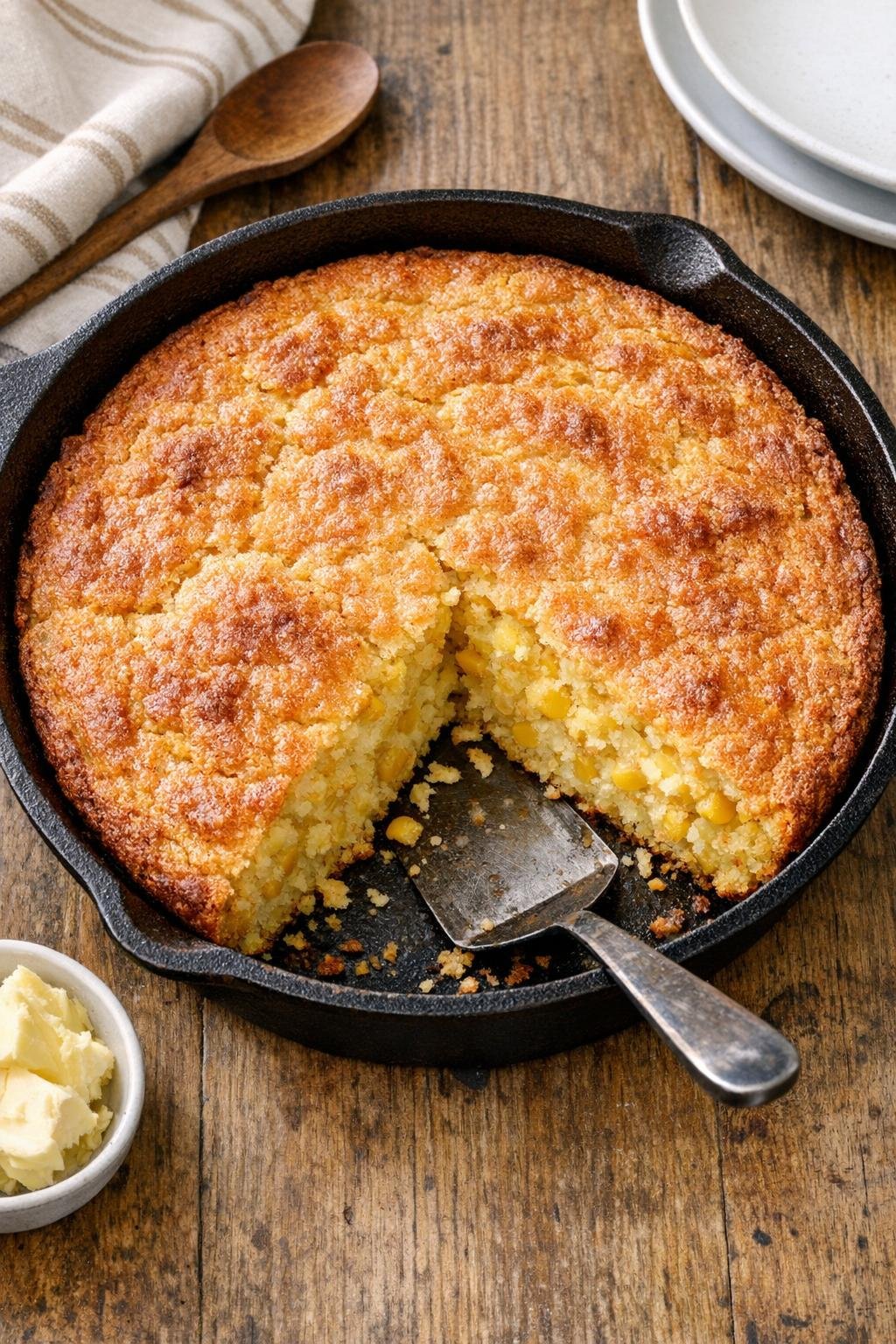 Finished creamed corn cornbread in a cast iron skillet