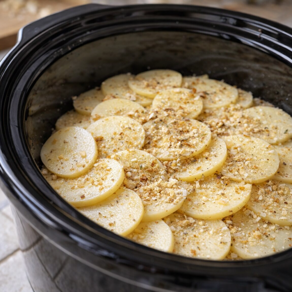 Potato slices layered inside a slow cooker