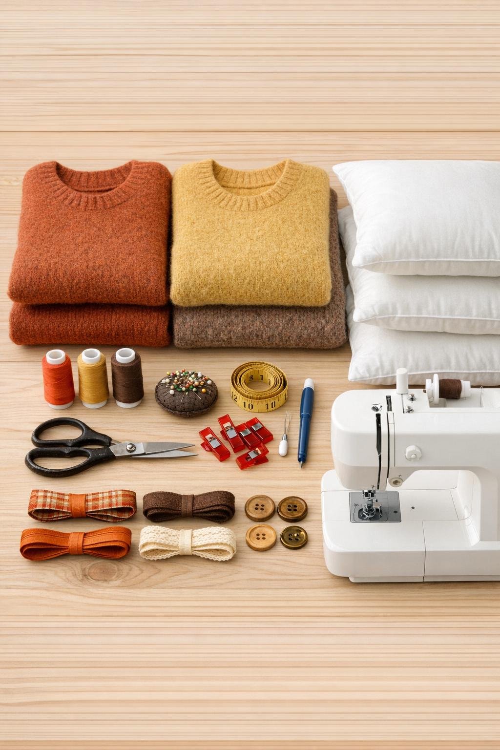 Old wool sweaters and sewing supplies laid out for making pillow covers