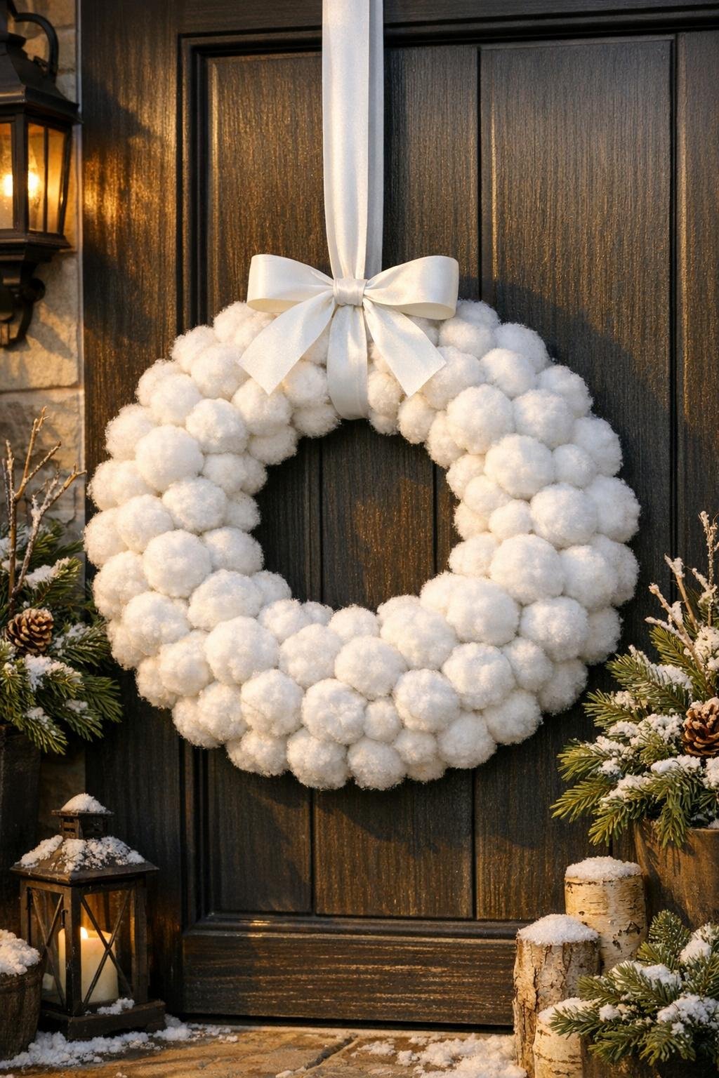Finished snowball cotton wreath hanging on a front door