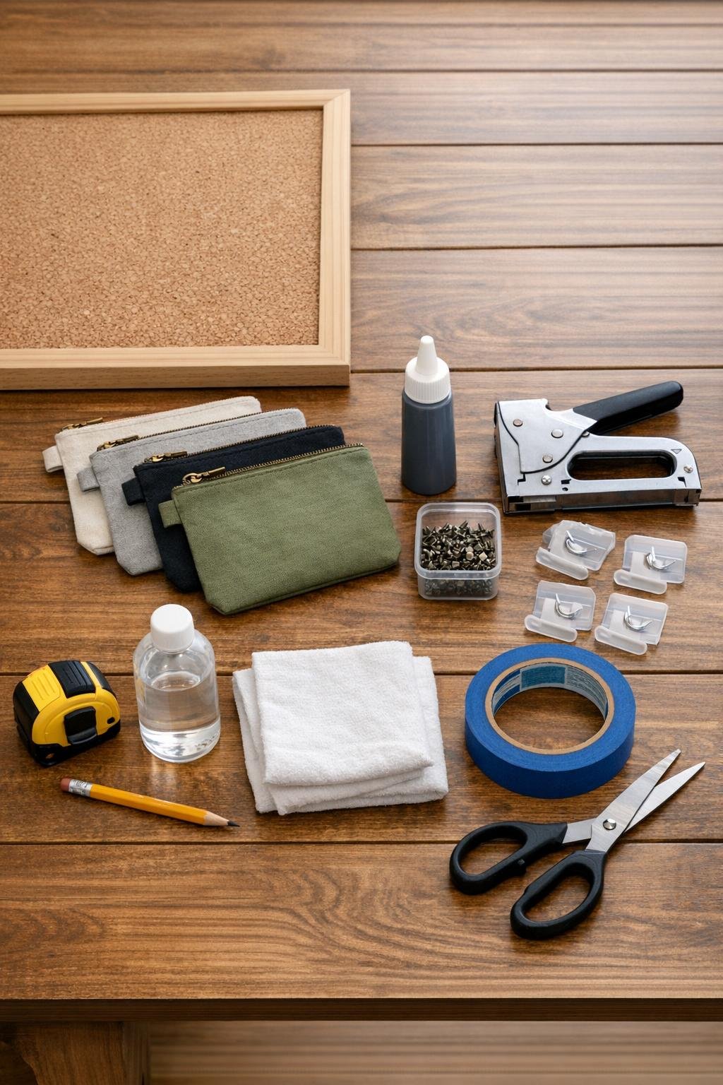 Materials for a framed corkboard entryway organizer laid out on a table