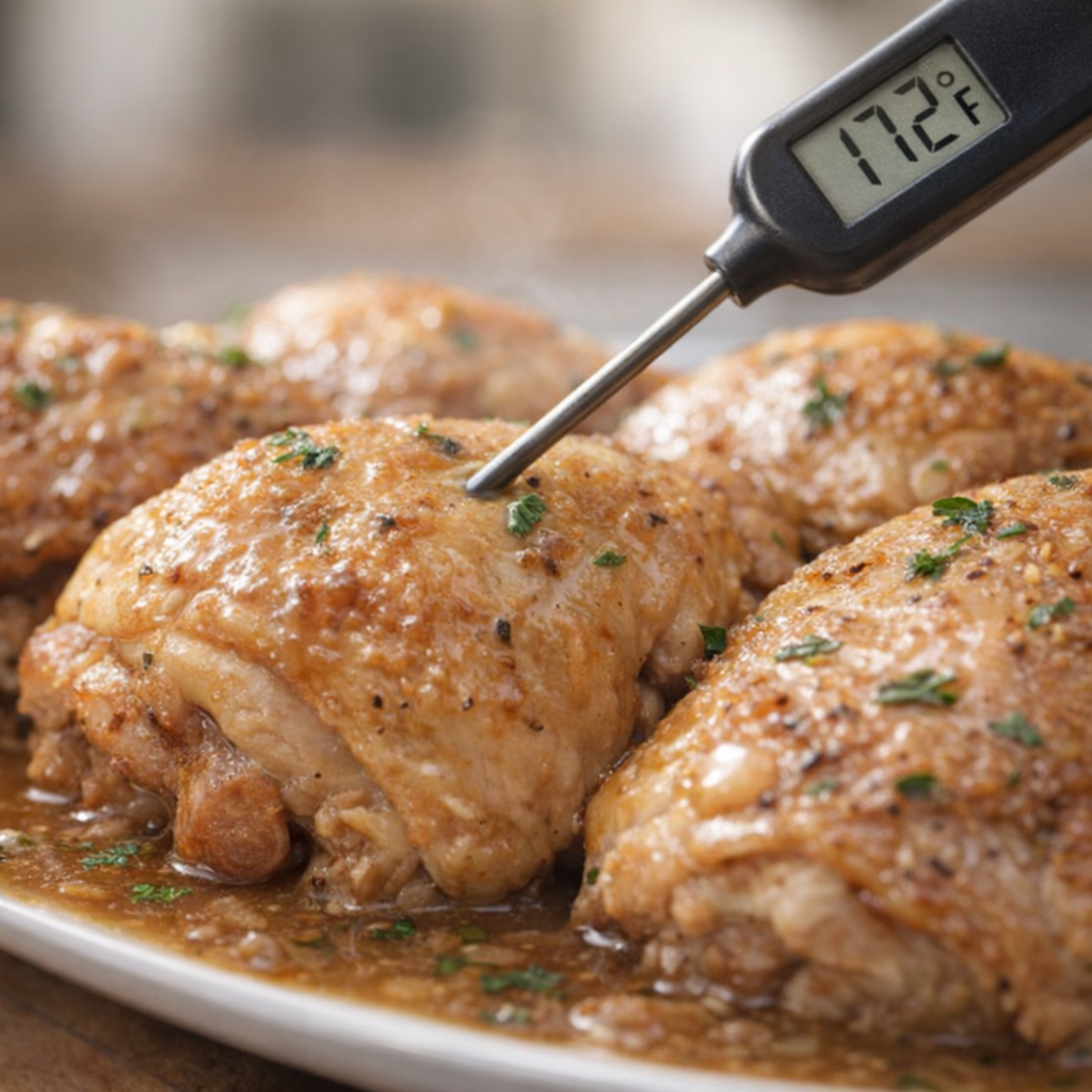 Food thermometer checking a cooked chicken thigh