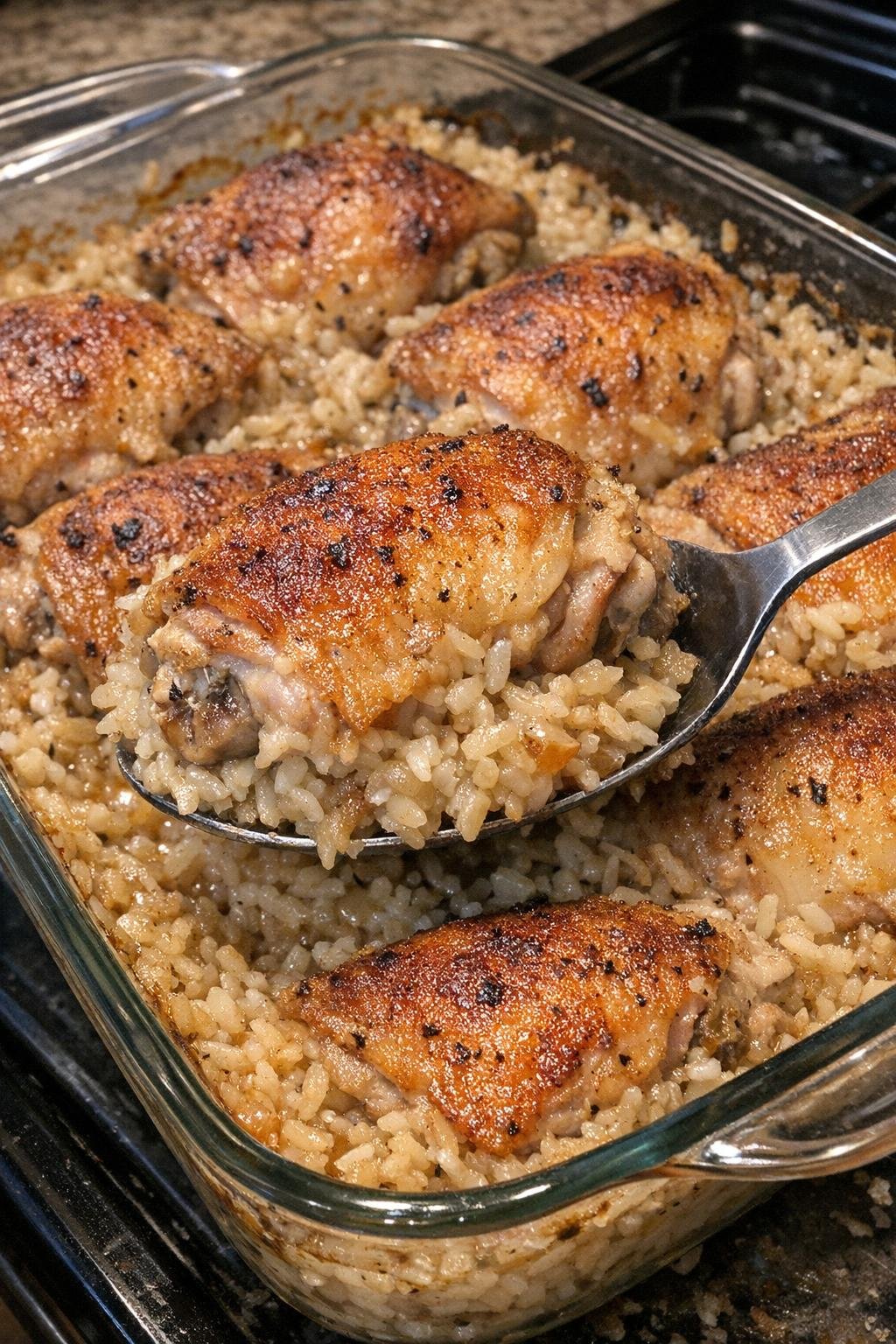 Golden crispy-skinned chicken baked over tender rice in a glass dish