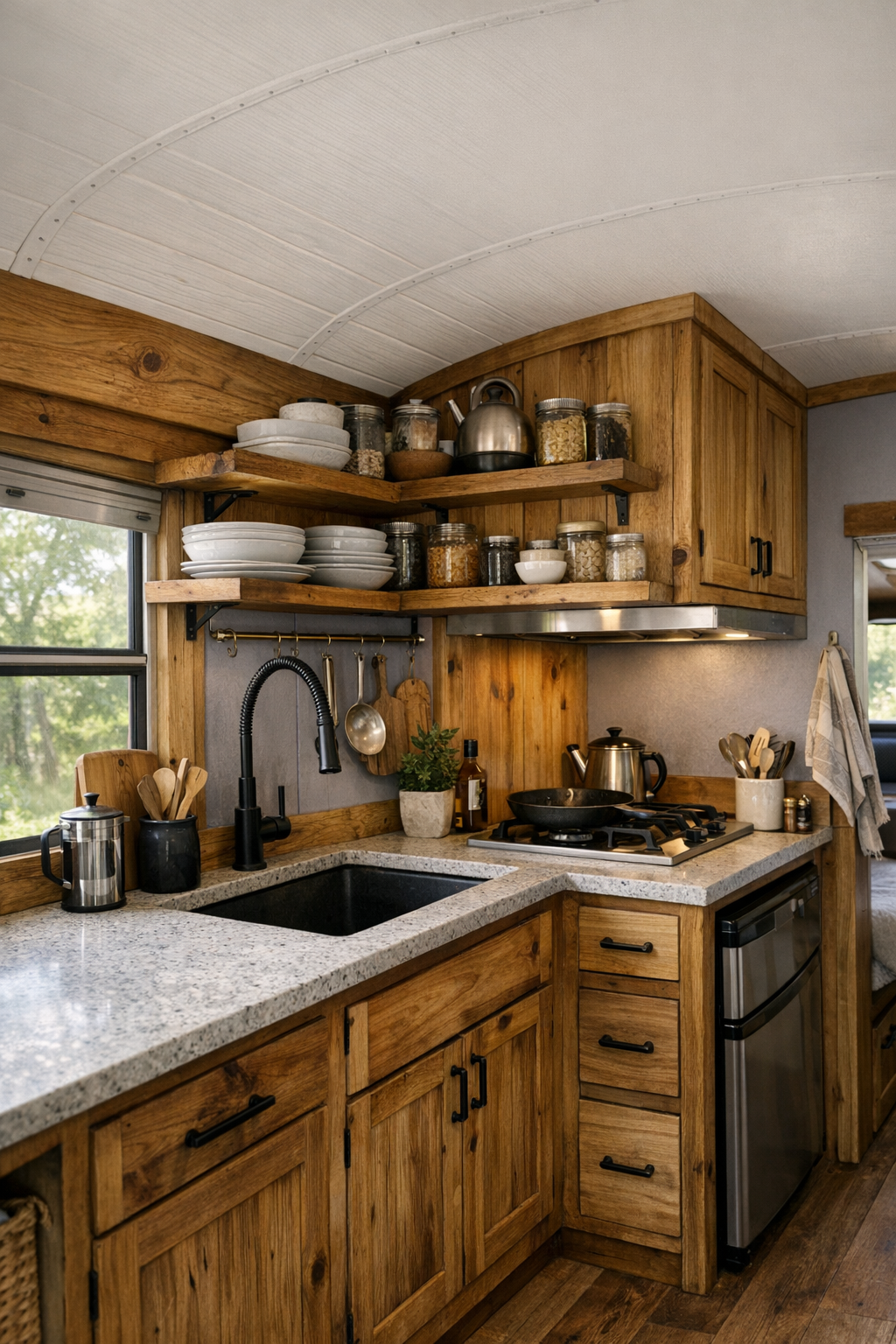 Compact bus kitchen with cypress cabinetry, practical counters, and warm natural light