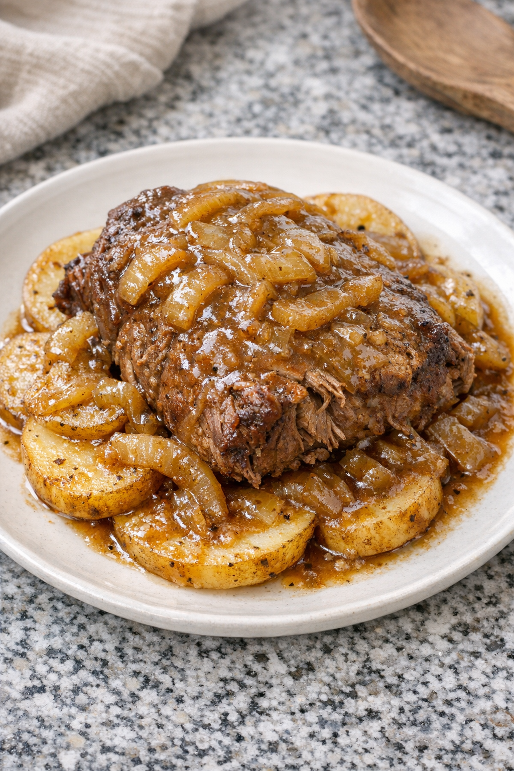 Finished slow cooker smothered beef with potatoes and onion gravy