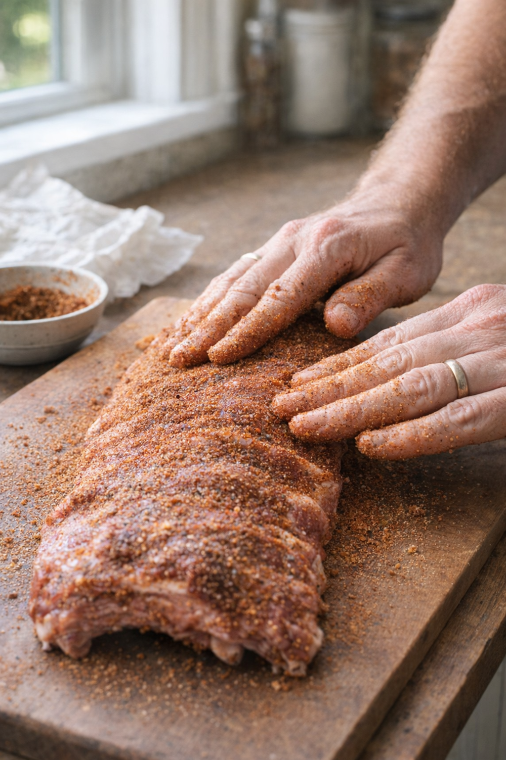 Dry-rubbed ribs ready for the slow cooker