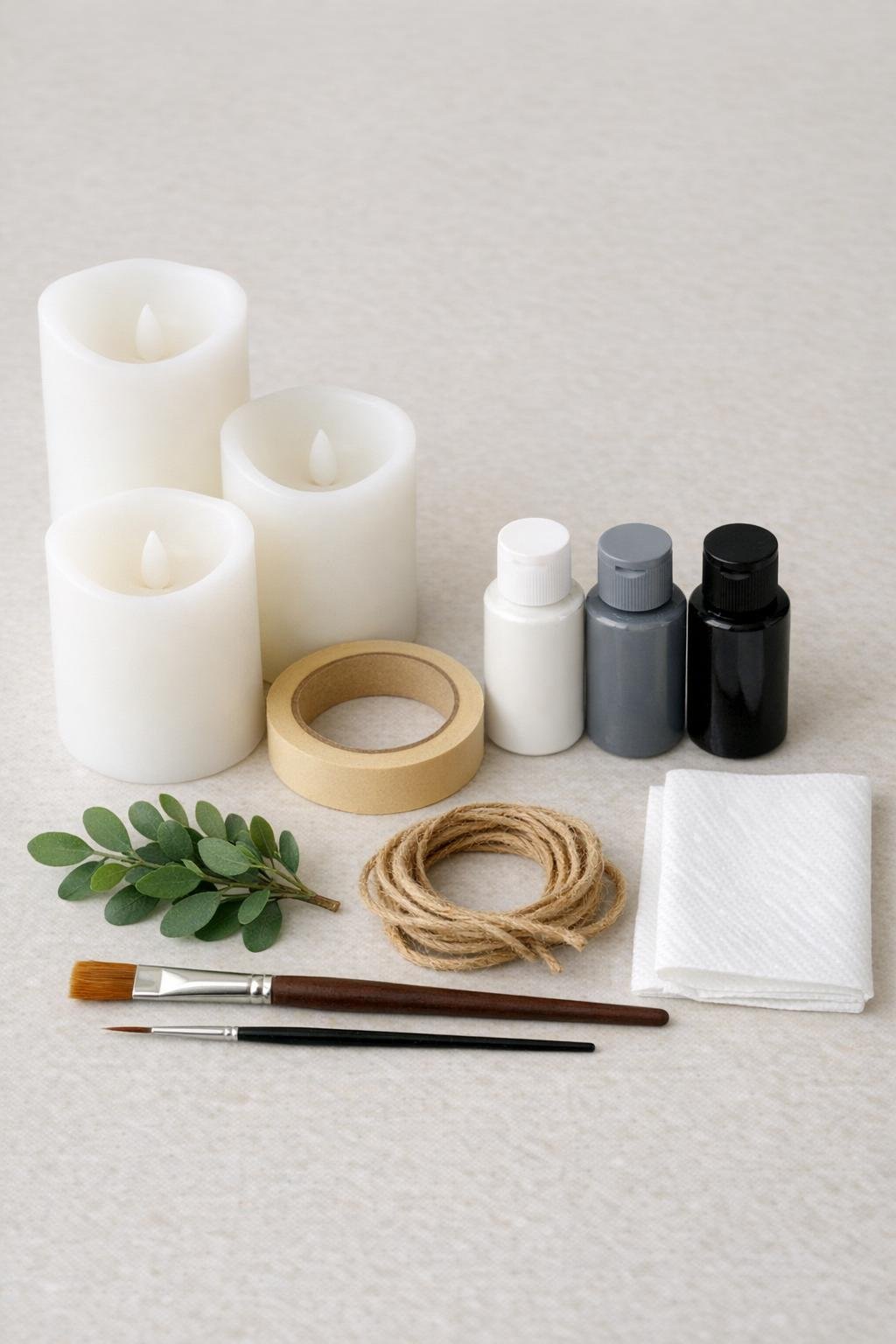 Materials for textured painted LED pillar candle project laid out on a counter