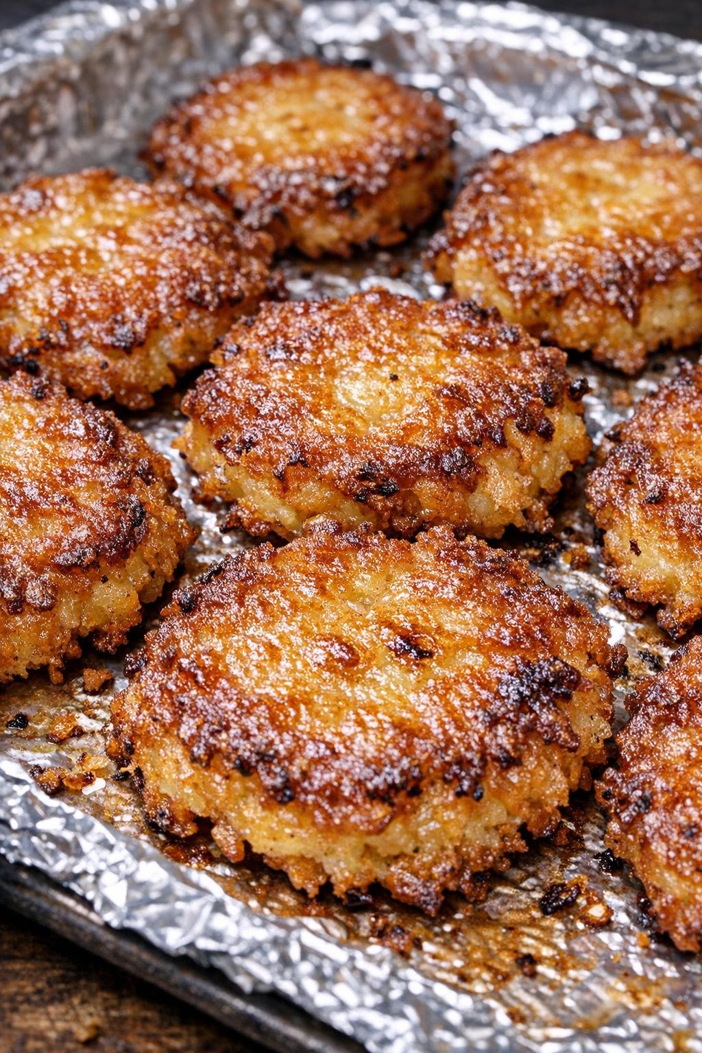 Southern 3-ingredient golden potato fritters on a foil-lined baking tray