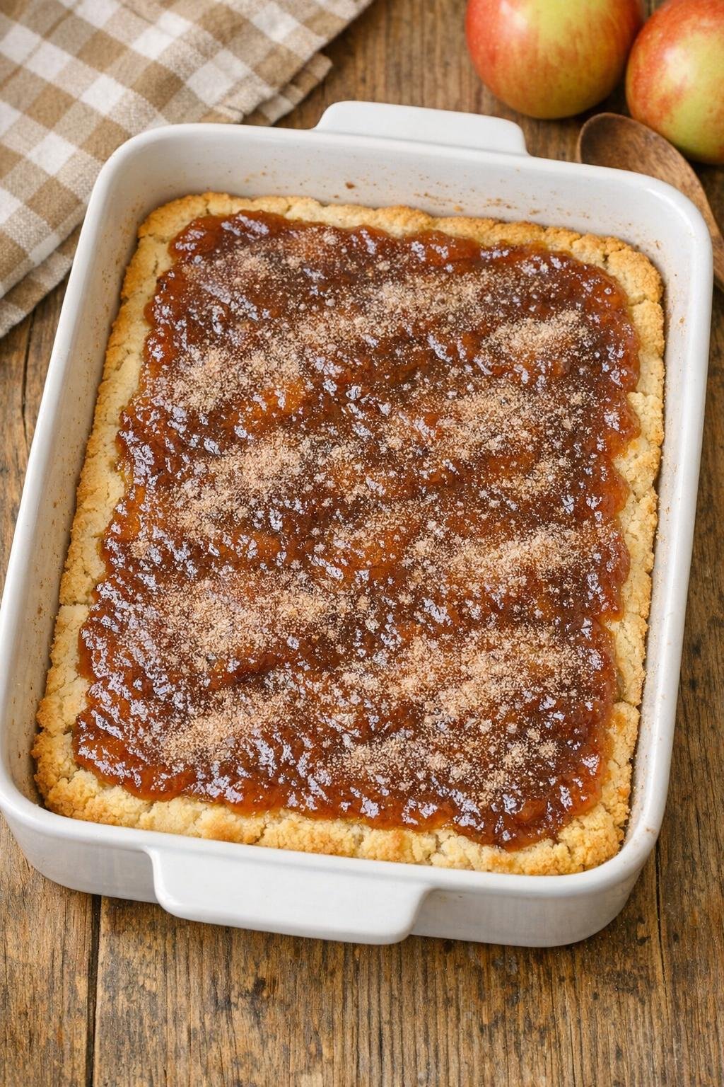 Finished baked shortbread jam dessert in baking dish