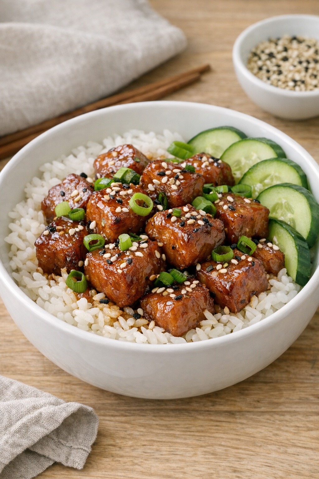 Finished baked tuna poke cubes plated over rice