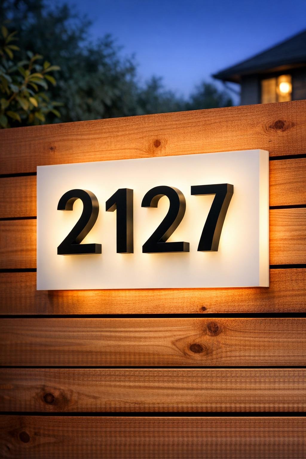 Finished glowing address wall mounted on a cedar fence