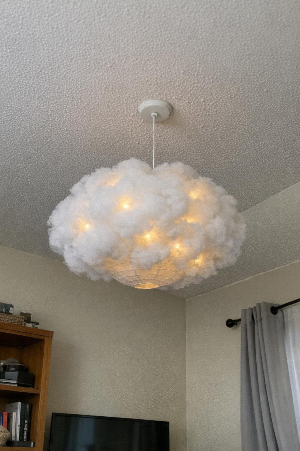 A glowing cloud light made from a paper lantern and string lights