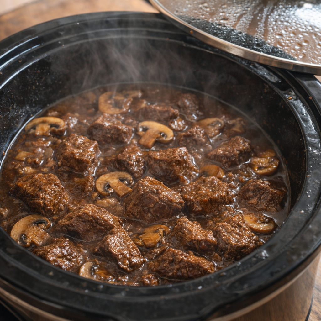 Slow cooker full of beef tips and gravy mid-cook