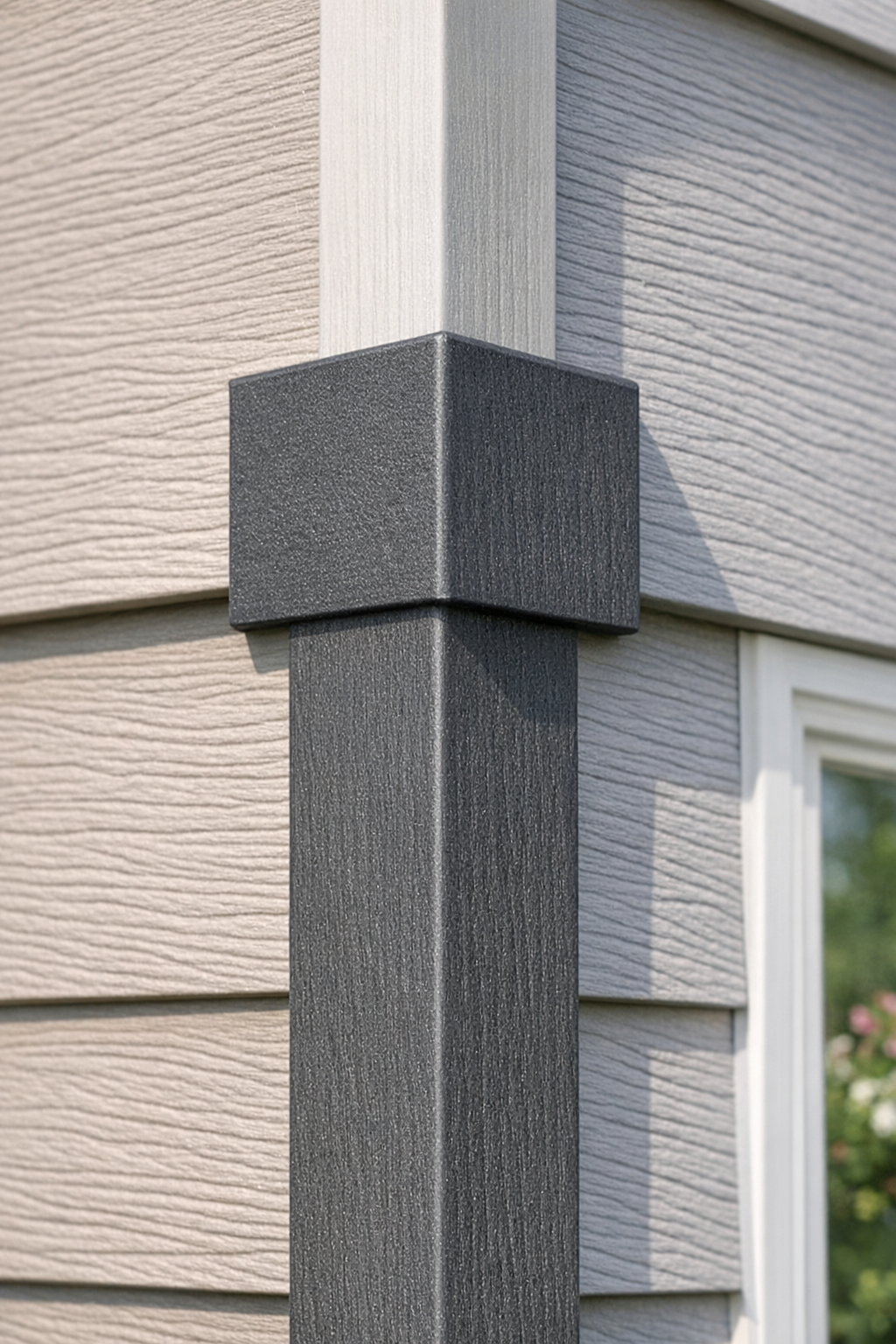 Finished heavy-duty siding corner cap made from recycled plastic clipboard