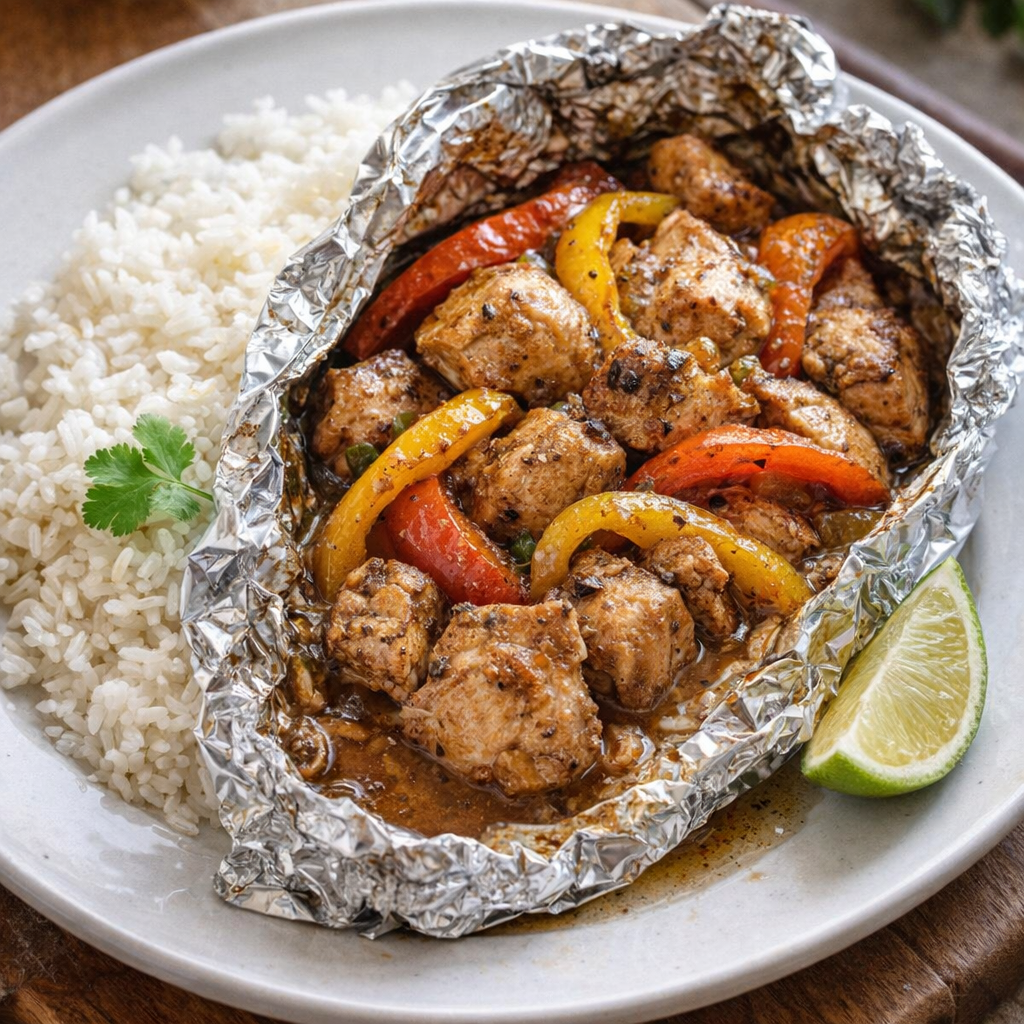 Foil packet jerk chicken served over rice