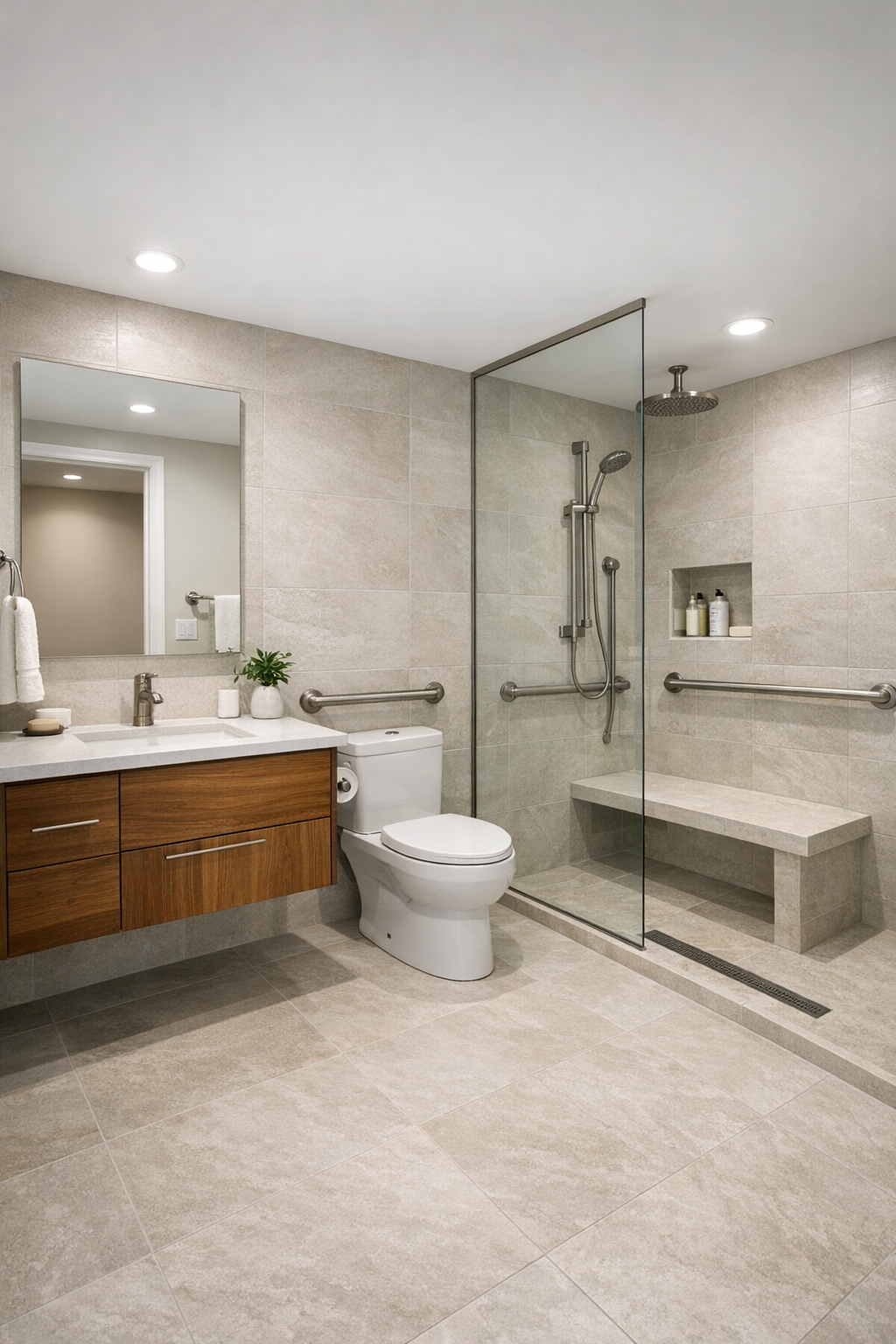 Calm accessible bathroom with curbless shower and warm wood vanity