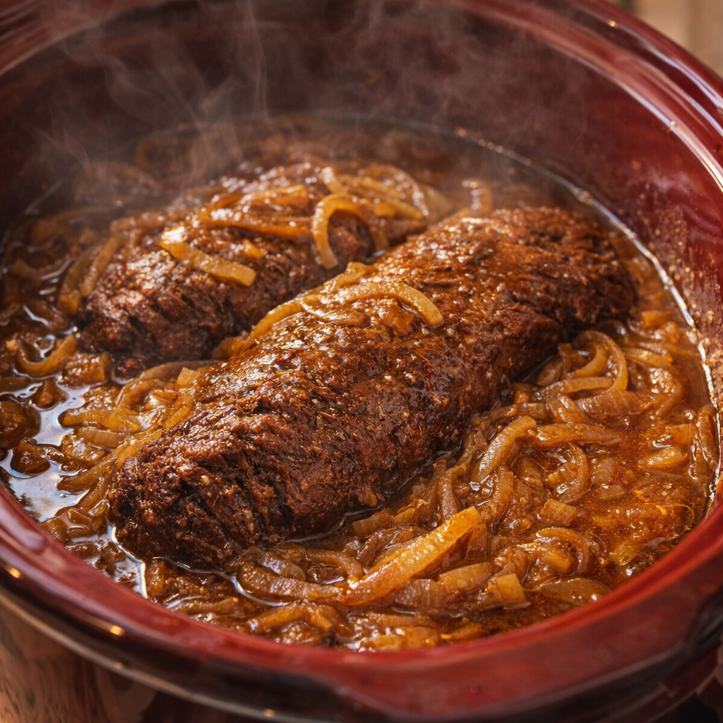 Cooked beef roast in slow cooker with rich onion gravy