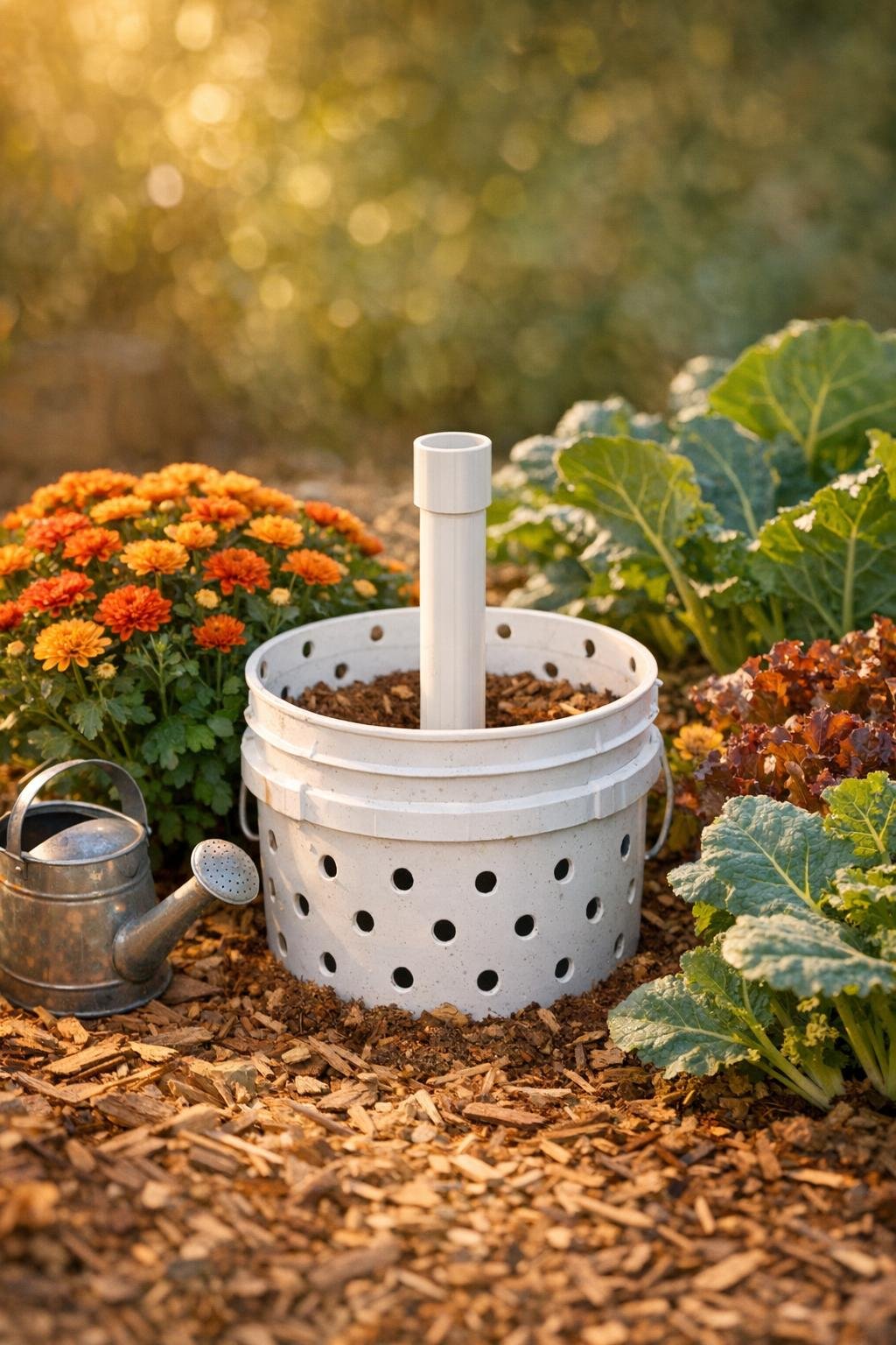 Finished deep-root watering spike made from a white 5-gallon bucket installed in a fall garden bed