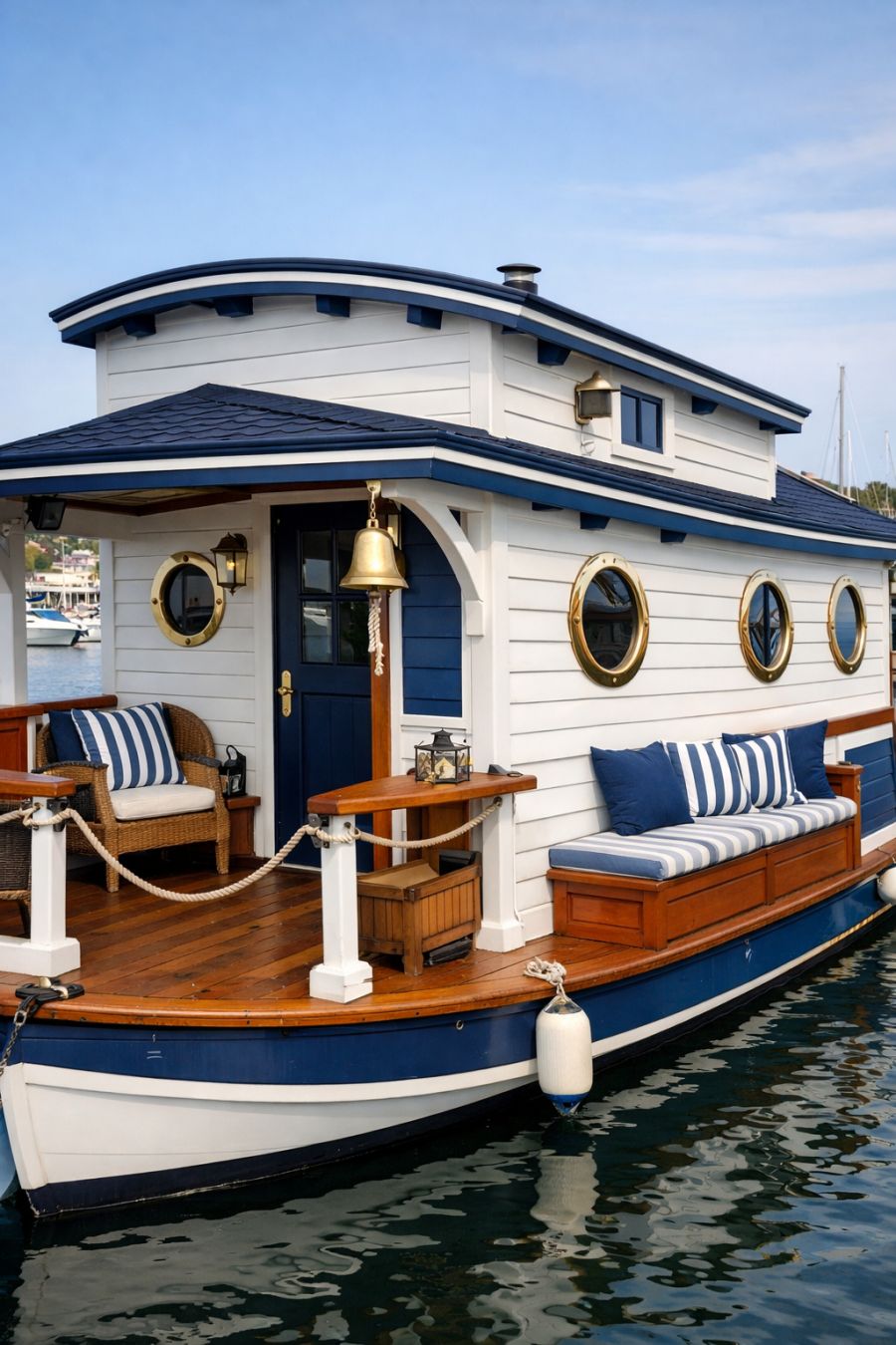 Step into this New England harbor houseboat with classic shiplap siding ...