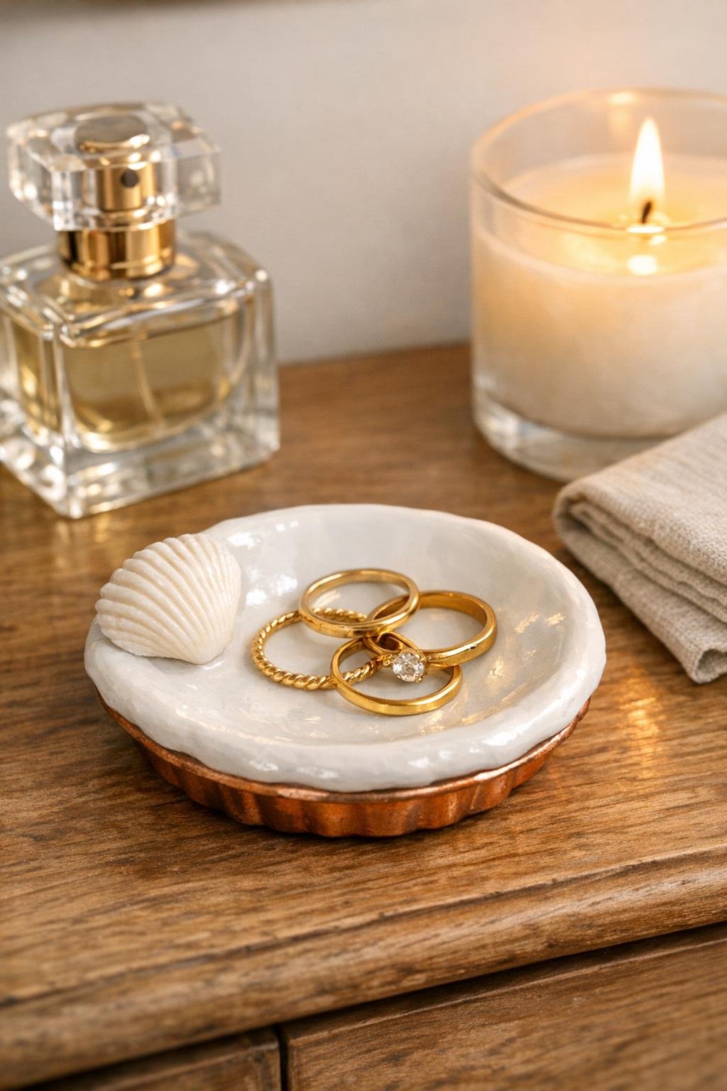 Finished shell ring dish styled on a bedroom dresser