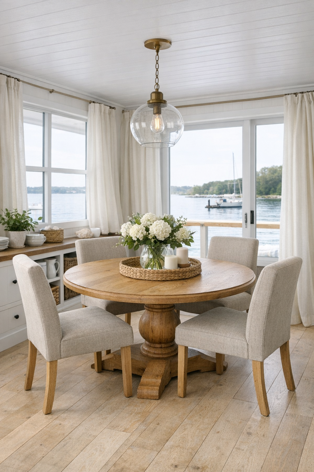 Coastal farmhouse dining nook with round oak table and upholstered chairs