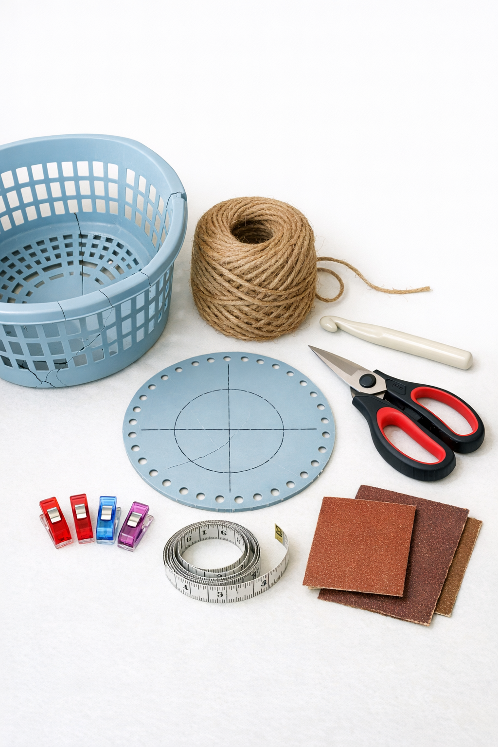Materials for making a crocheted jute catch-all tray from a laundry basket bottom