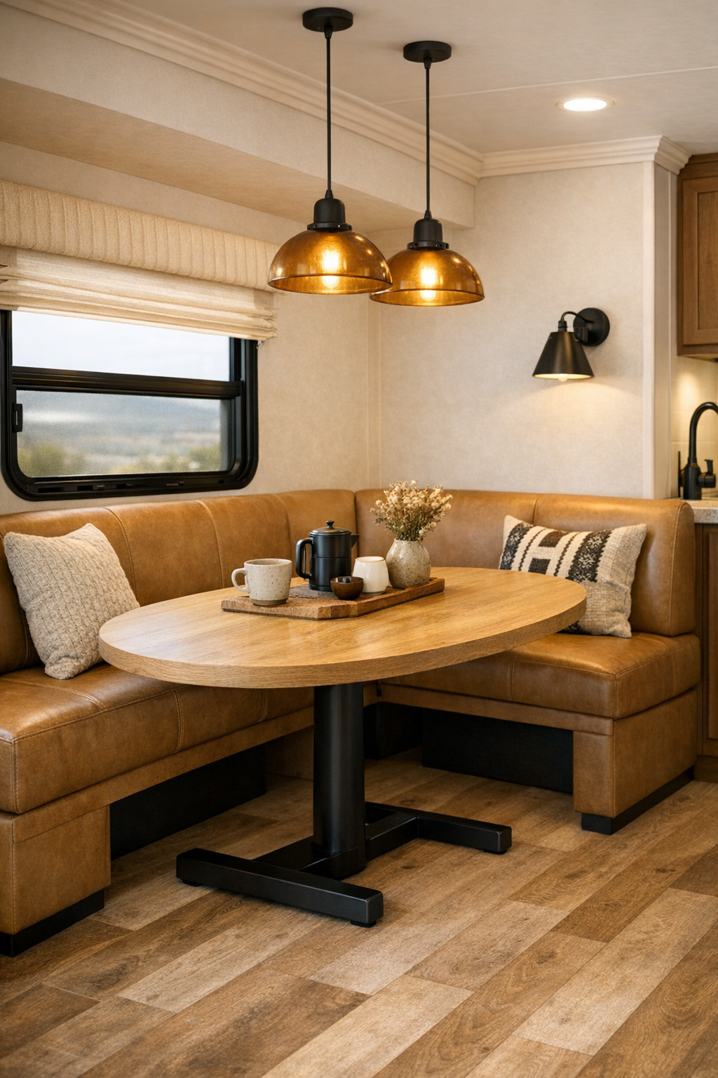 RV camper dining nook with oak table and upholstered banquette