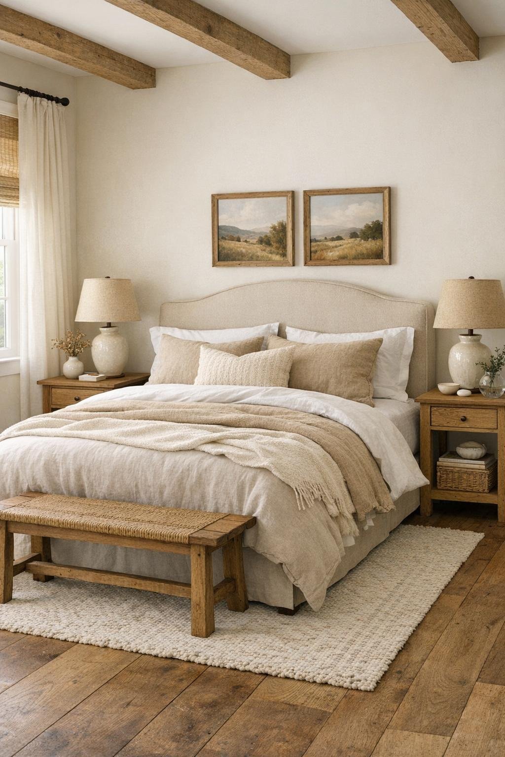 Calm farmhouse bedroom with an upholstered bed, layered neutral linens, oak nightstands, and soft light