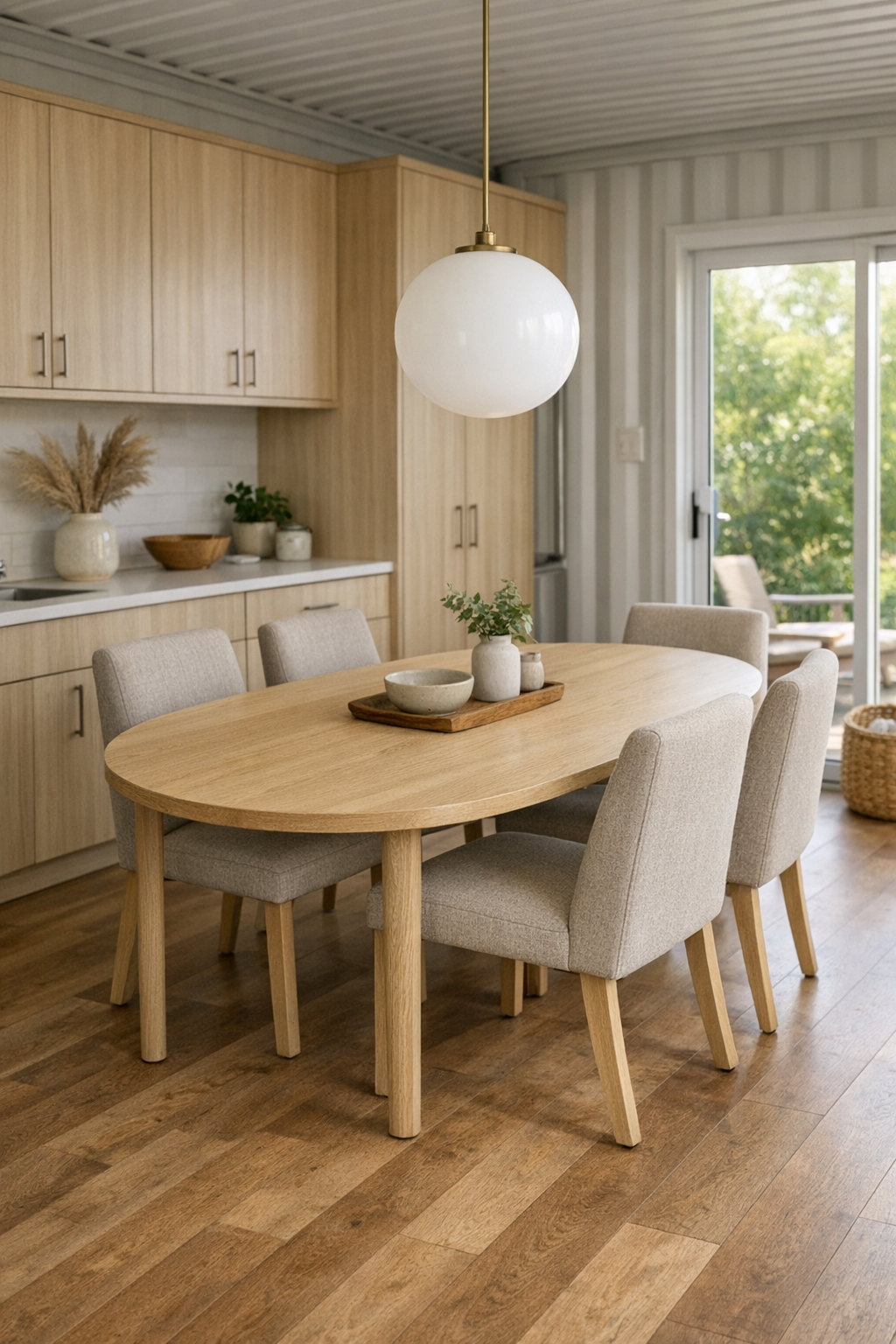 Warm modern dining room with oval oak table, soft upholstered chairs, and simple pendant lighting