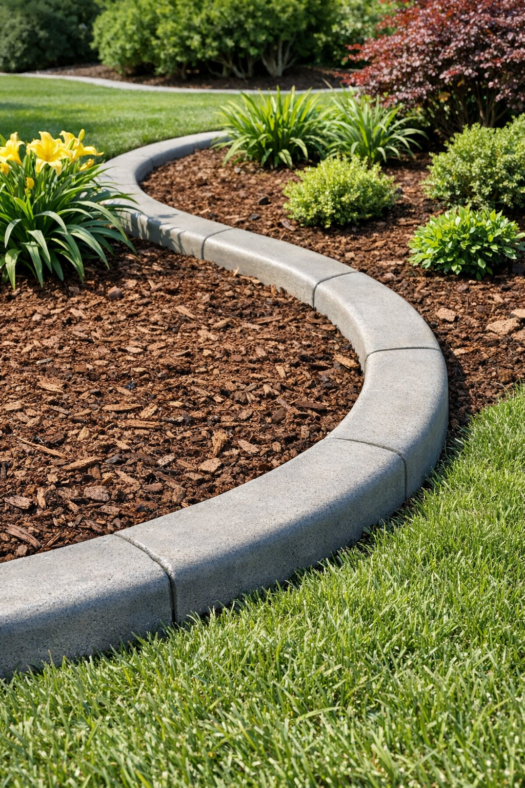Finished curved concrete yard borders installed around a garden bed
