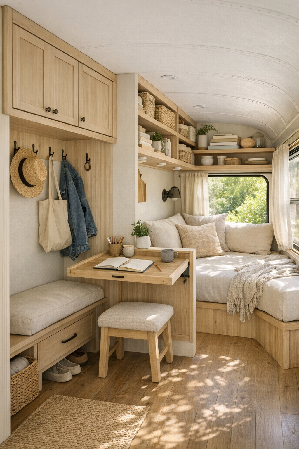 Thoughtful multipurpose passage inside the bus with built-in storage, fold-down desk, and reading nook