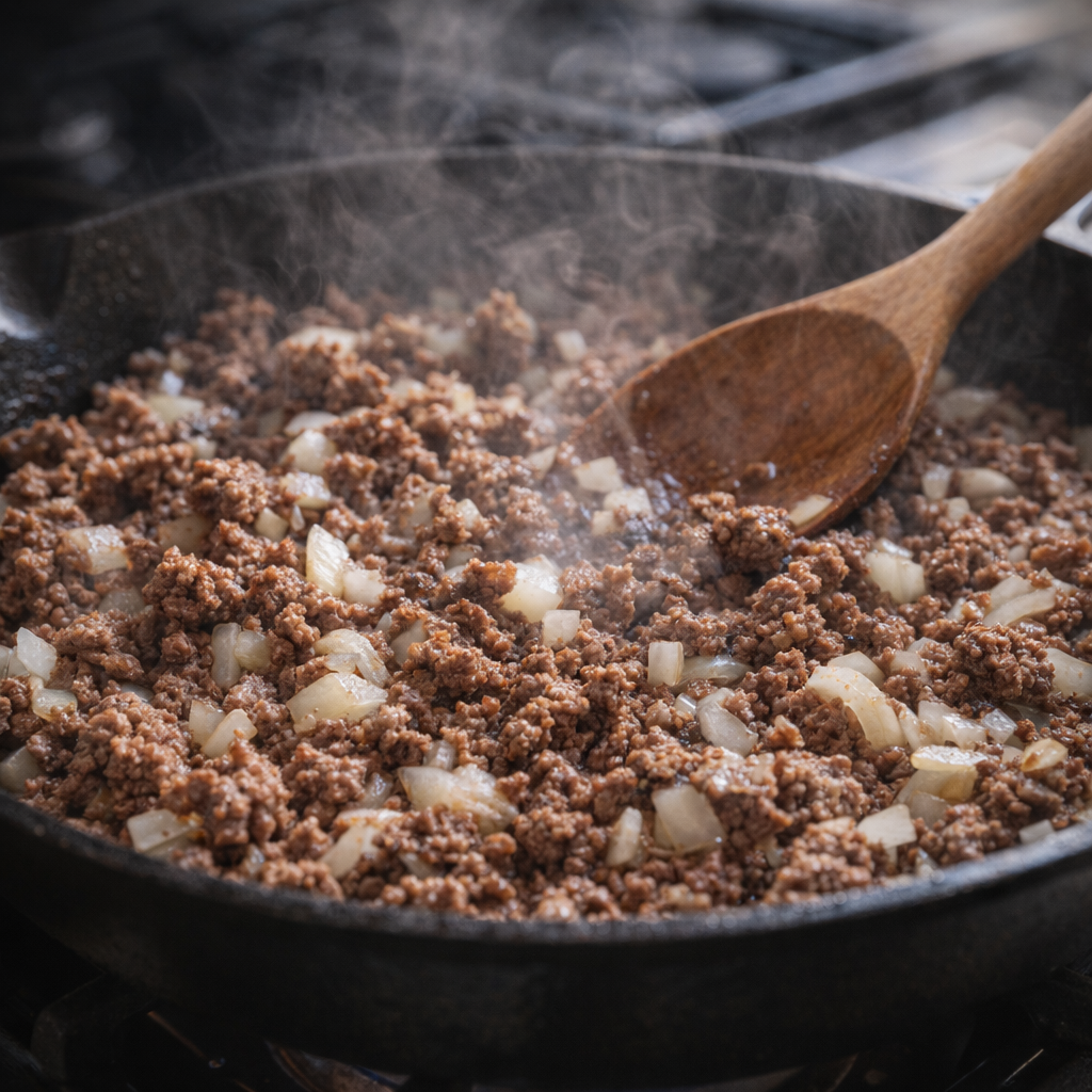 Ground beef browning with onions in a skillet
