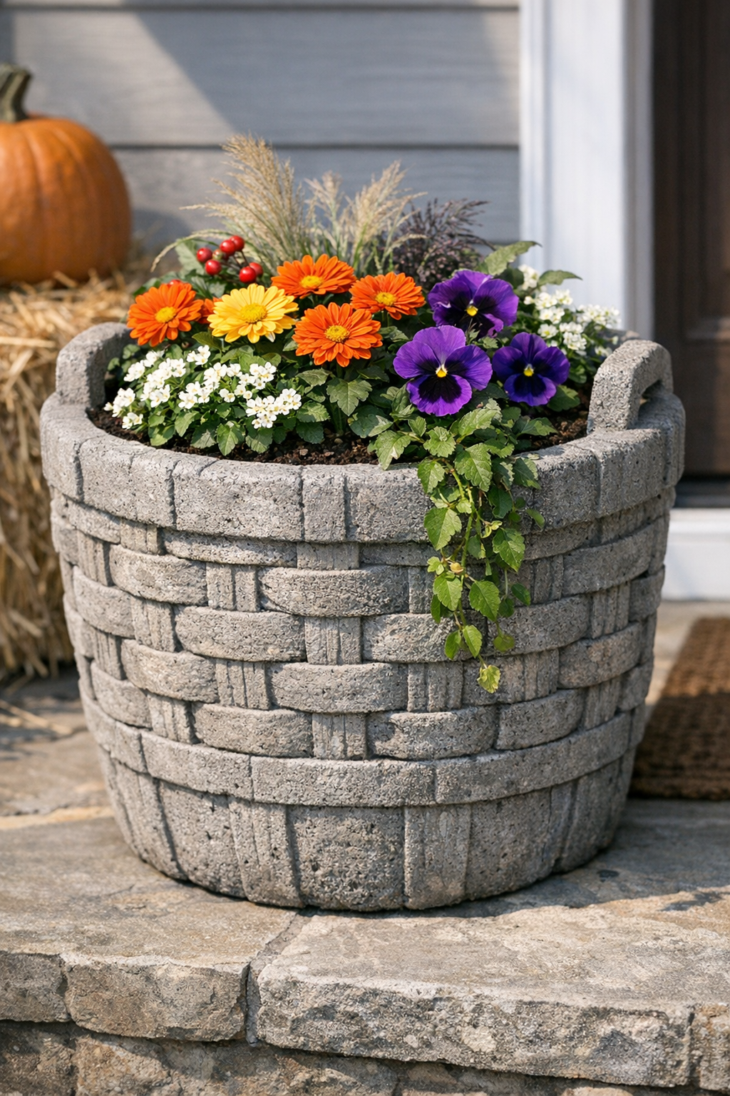 Finished DIY harvest garden planter made from a cement apple basket mold
