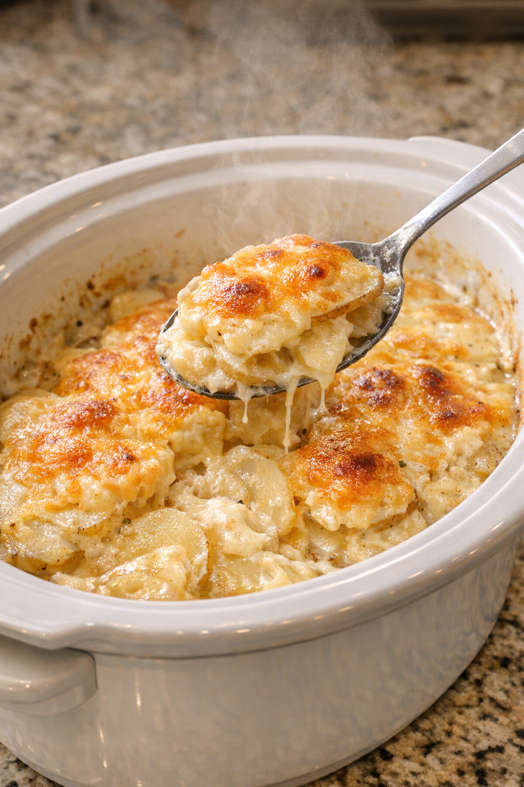 Finished slow cooker scalloped potatoes served family-style