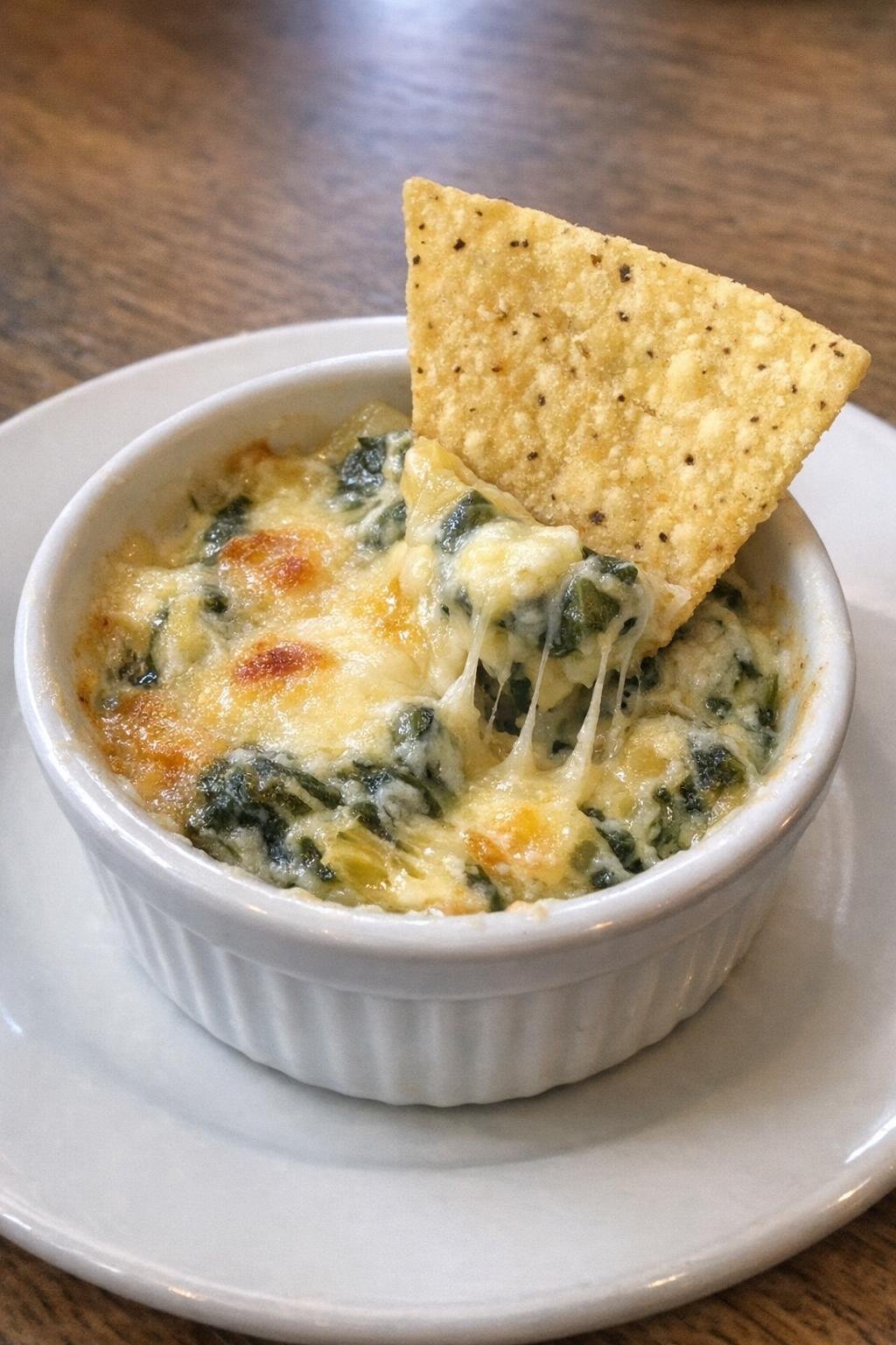 Single serving of golden spinach artichoke dip with a tortilla chip dipped halfway in