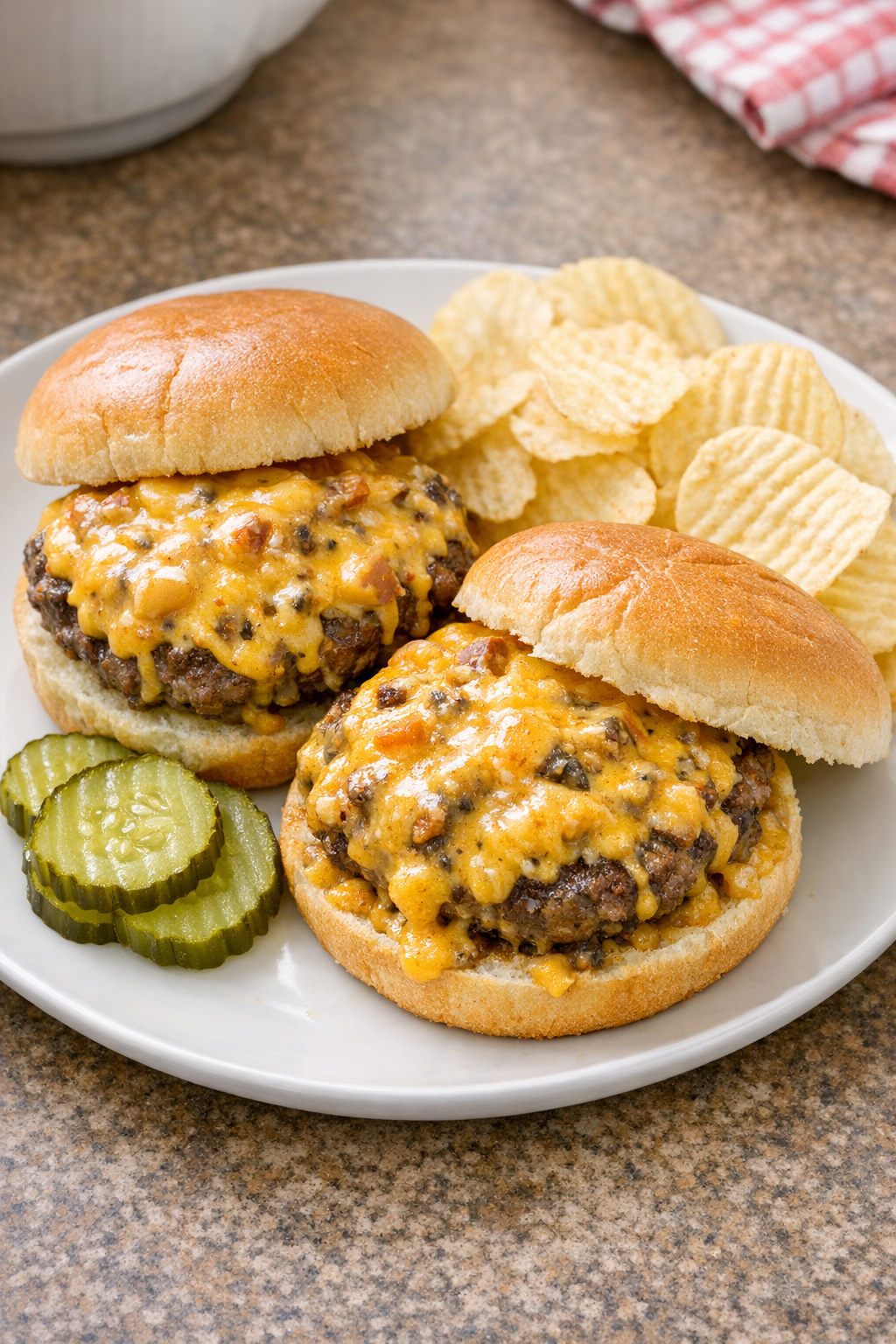 Finished cheesy beef patties plated on buns with cookout sides
