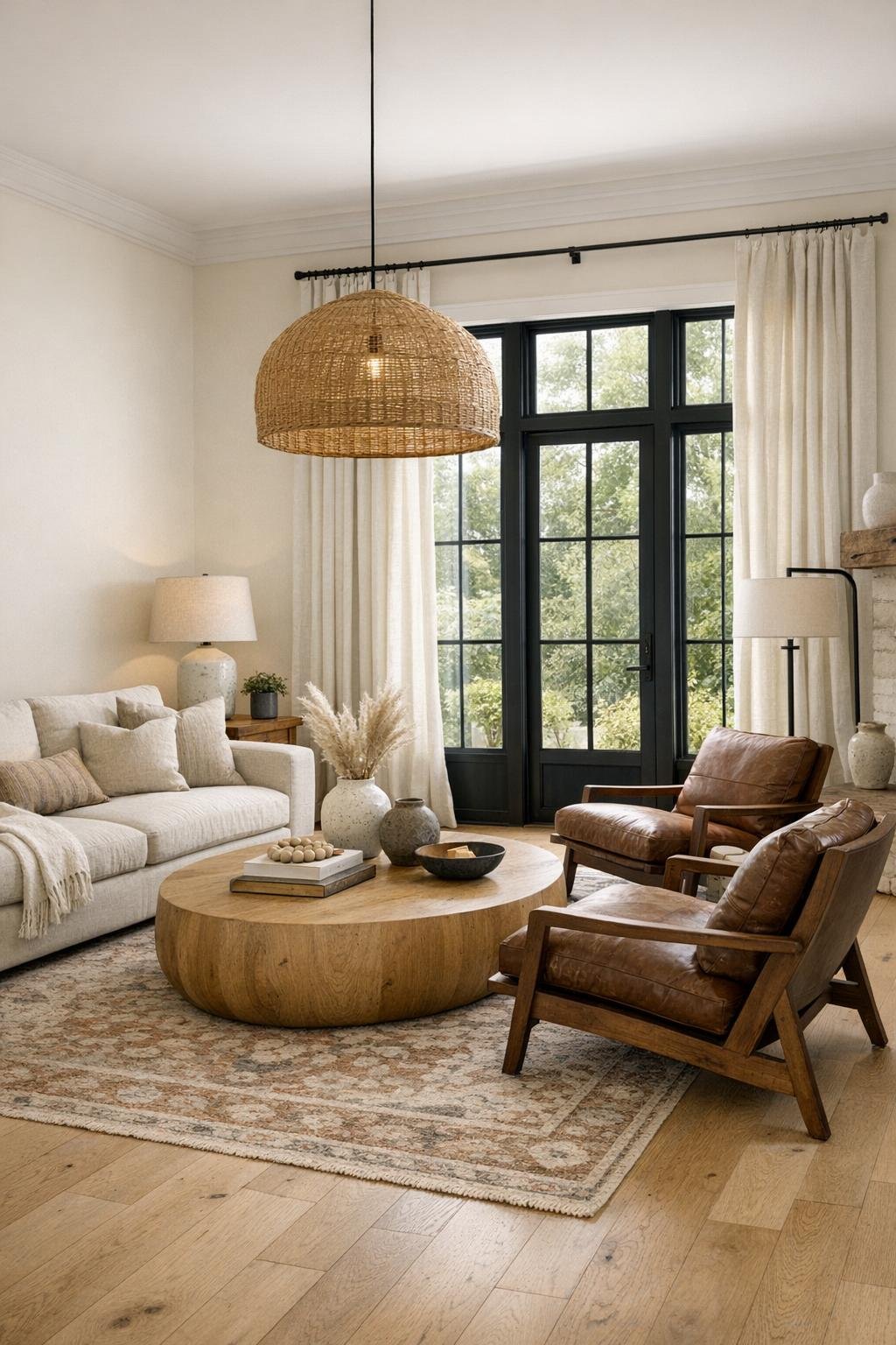 Warm modern farmhouse living room with oak floors, an oatmeal sofa, leather chairs, and soft natural light