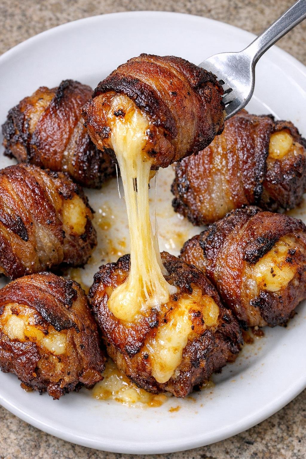 Low carb bacon Ellsworth bombs with cheese pull on a white plate