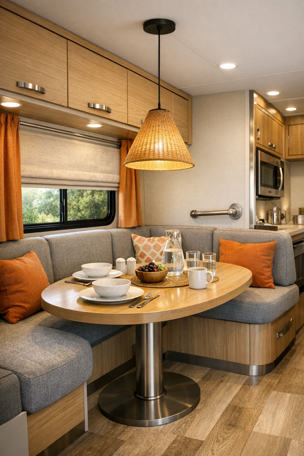 RV camper dining nook with gray banquette seating, rounded table, and soft modern lighting