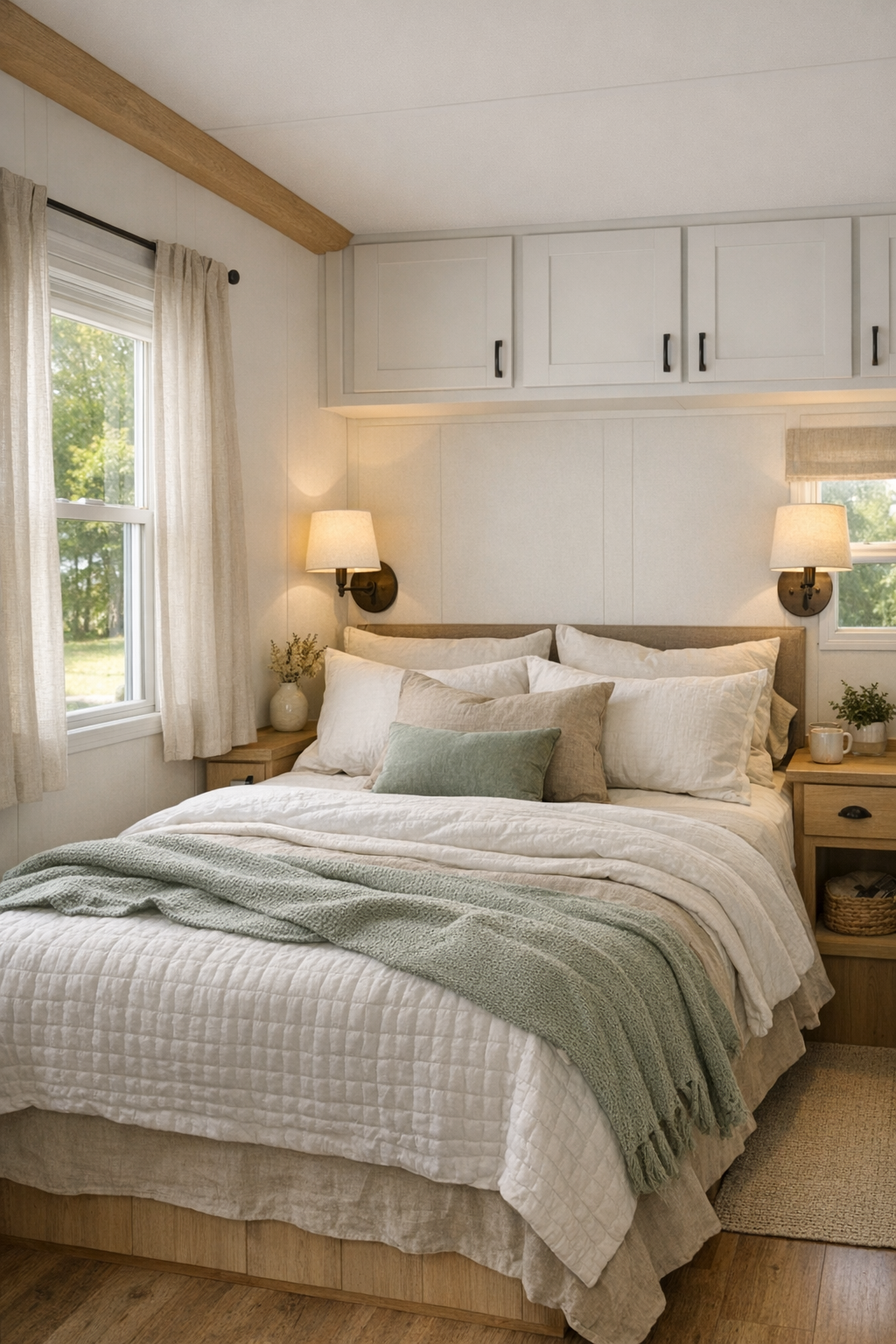 Soft restful bedroom with layered neutral bedding and built-in storage
