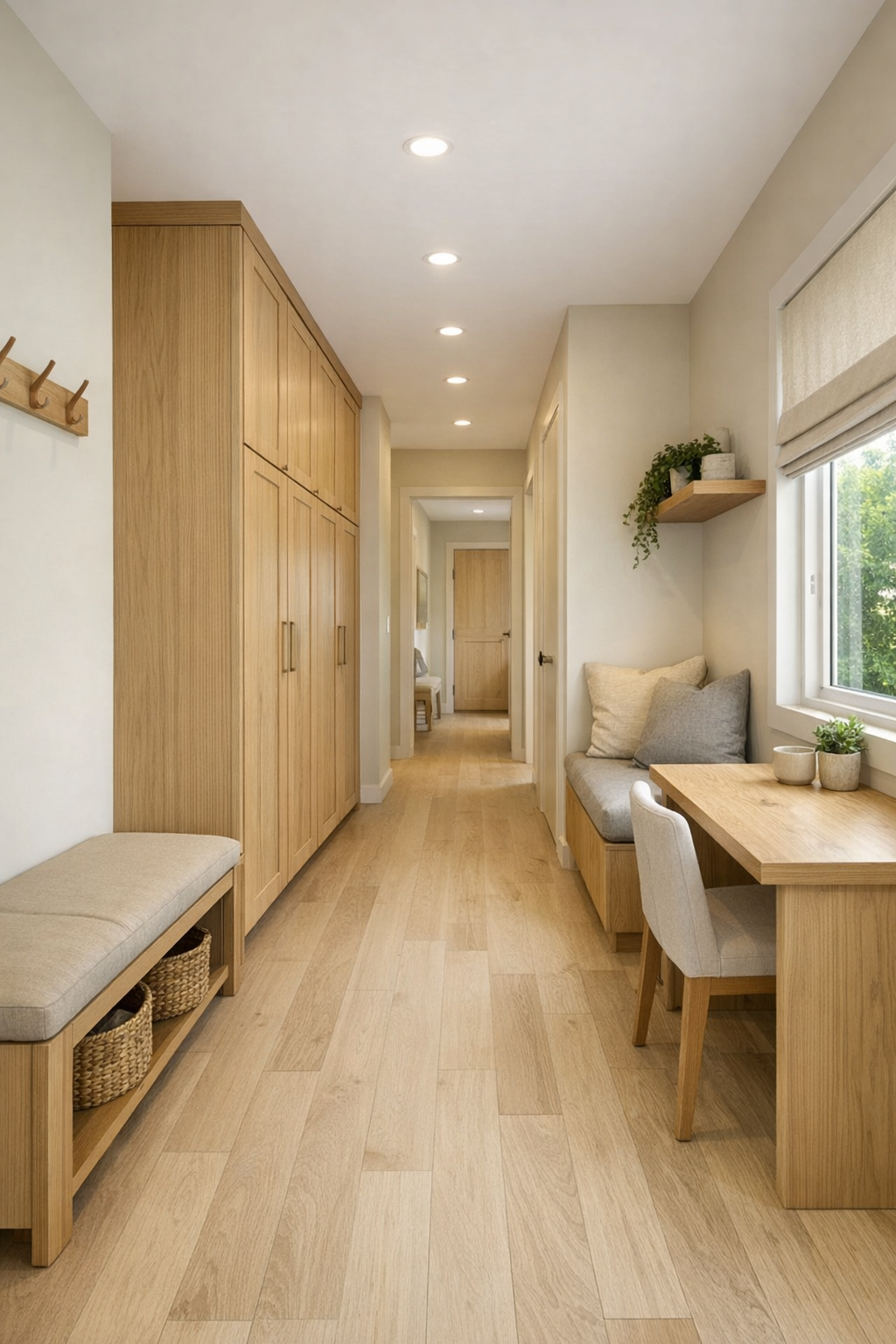 Bright hallway and entry area with built-in storage, a bench, and a small reading or work nook