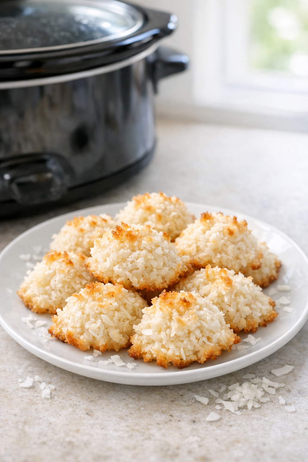 Finished slow cooker coconut dessert on a plate