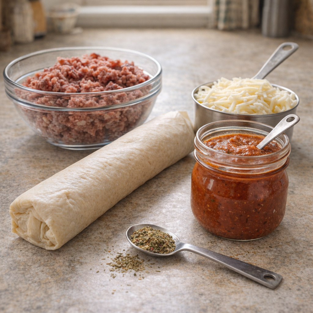 Pizza roll up ingredients arranged on a kitchen counter