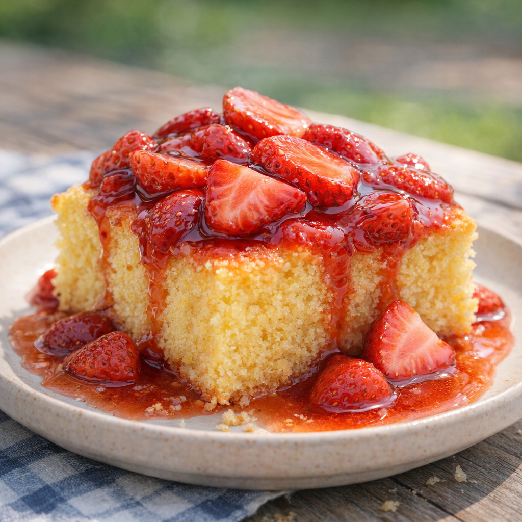 Strawberry sweet spooned over cornbread on a dessert plate