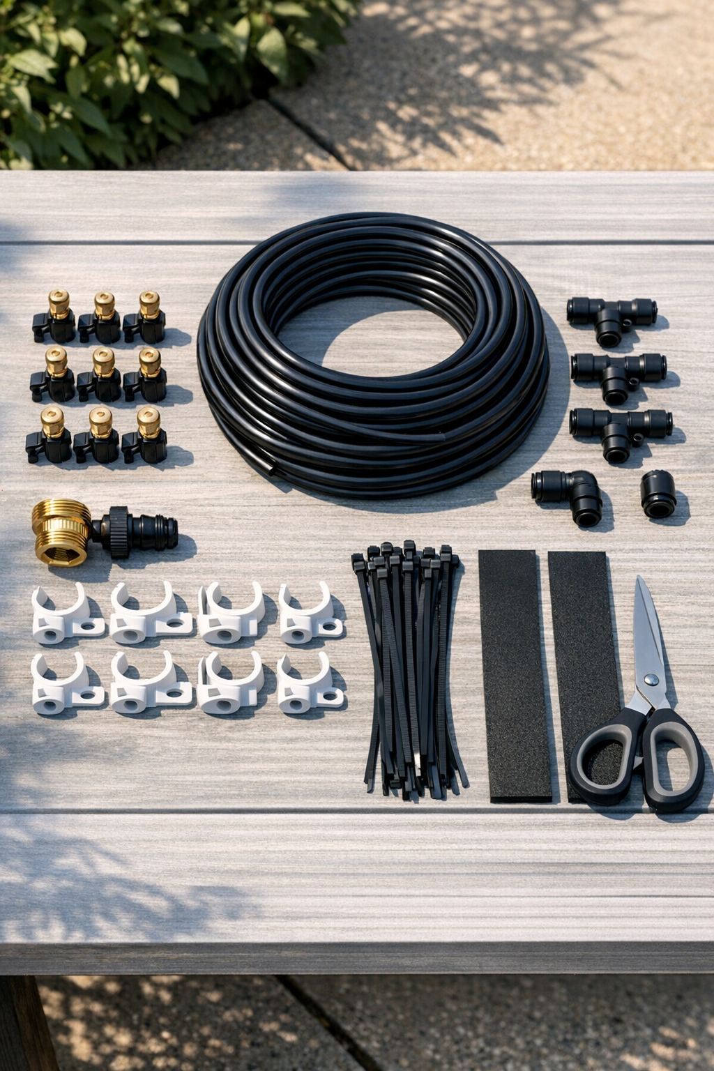 All materials for the patio mister system laid out neatly