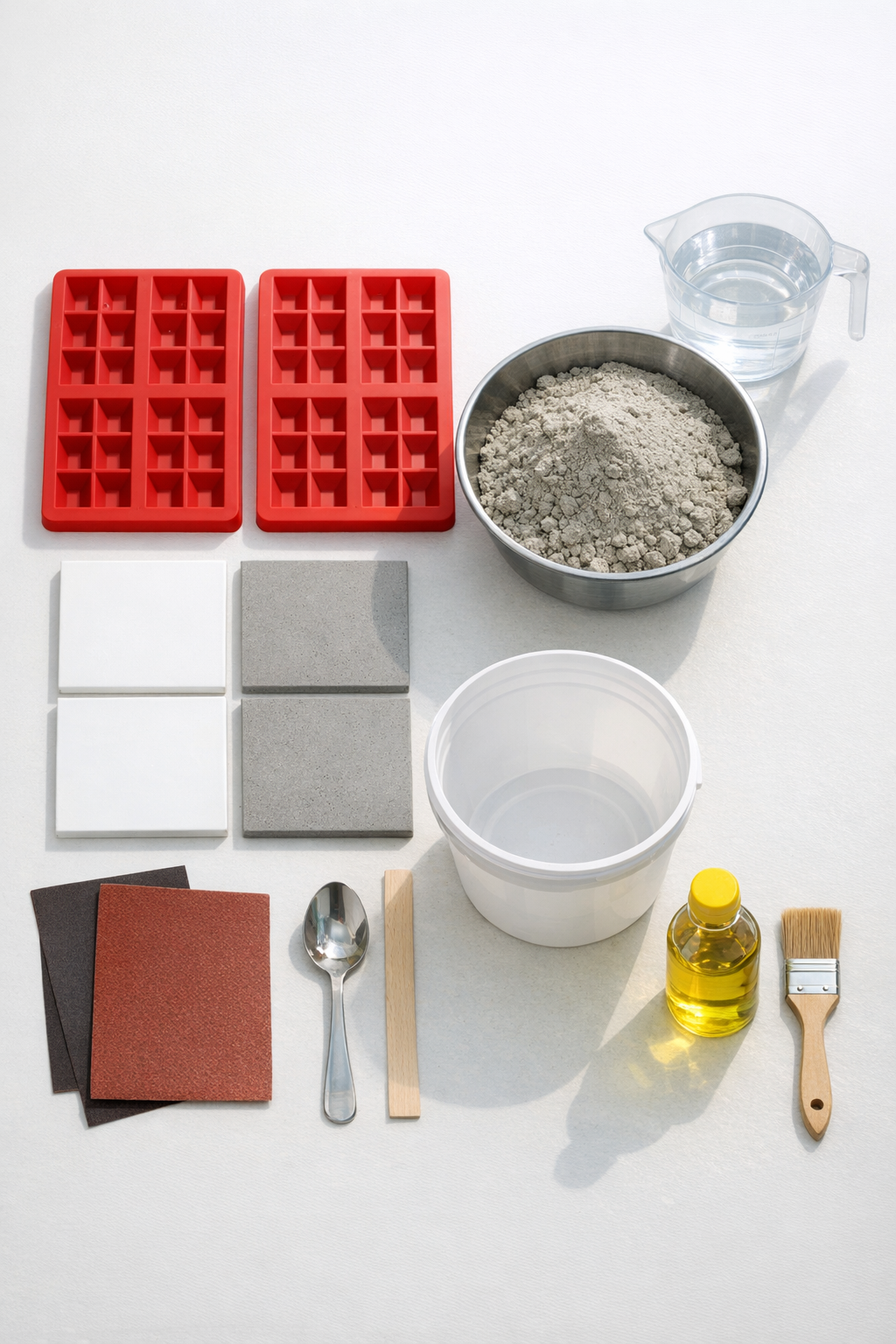 Cement, silicone waffle molds, and mixing supplies laid out on a table