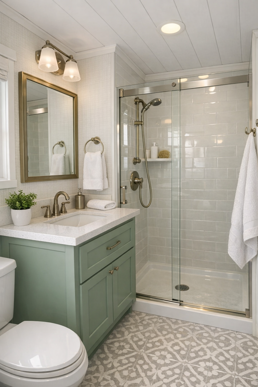 Charming cottage bathroom with soft tile and compact vanity