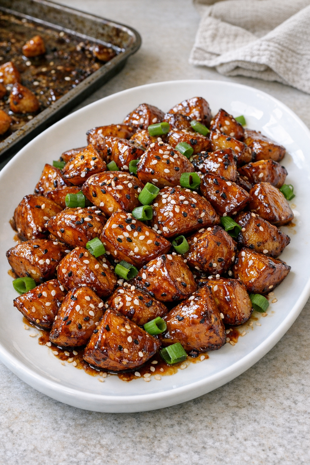 Finished sticky teriyaki roasted baby potatoes on a serving platter